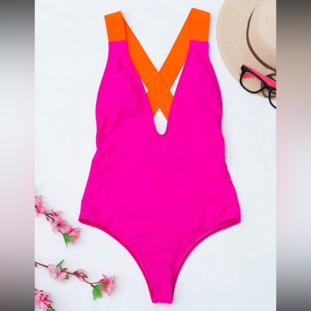 Cross back plunging one piece swimsuit